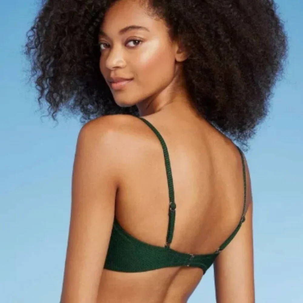 NWOT SHADE & SHORE LIGHT LIFT TIE FRONT KEYHOLE TEXTURED GREEN BIKINI TOP 34B - Picture 2 of 7